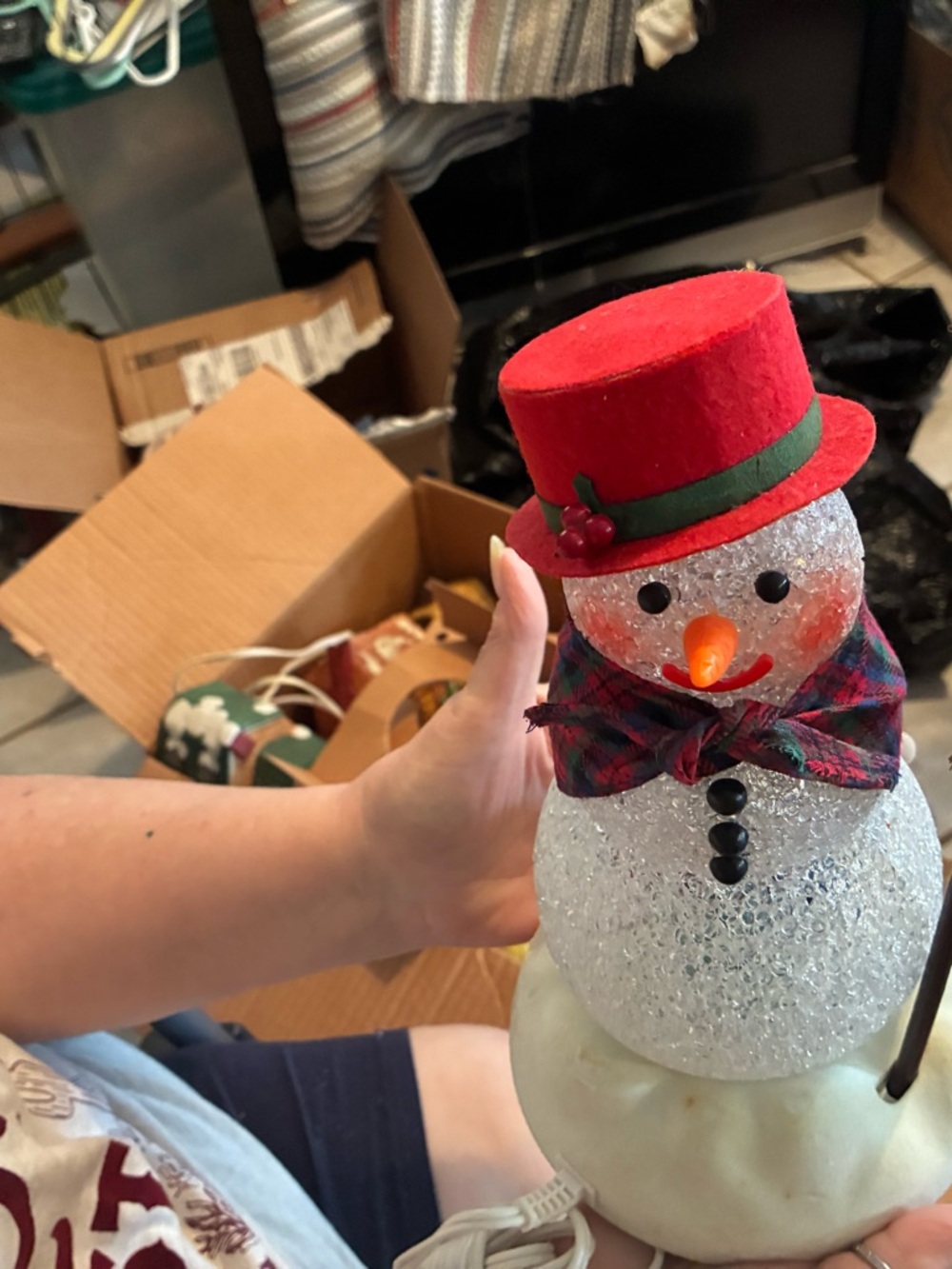 Red Top Hat Snowman Holiday Figurine with Plaid Scarf